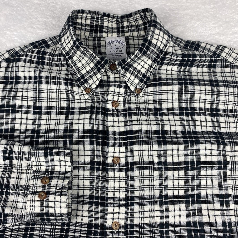 Brooks Brothers Shirt Mens Large Black/White Plaid Regent Soft Cotton